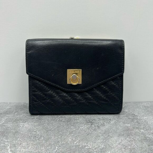 Celine Black Quilted Leather Trifold Wallet Clasp Closure Authentic Luxury - Picture 1 of 14
